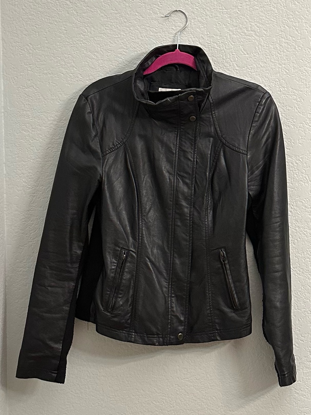 RD Style Black Faux Leather Moto Jacket Knit Panels M